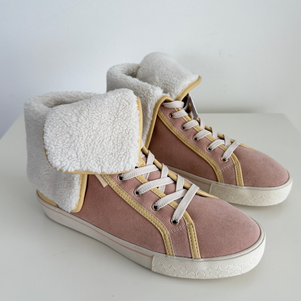 Coach High Top Sneakers Womens 8.5 Pink Suede Citysole Faux Shearling Fold Over